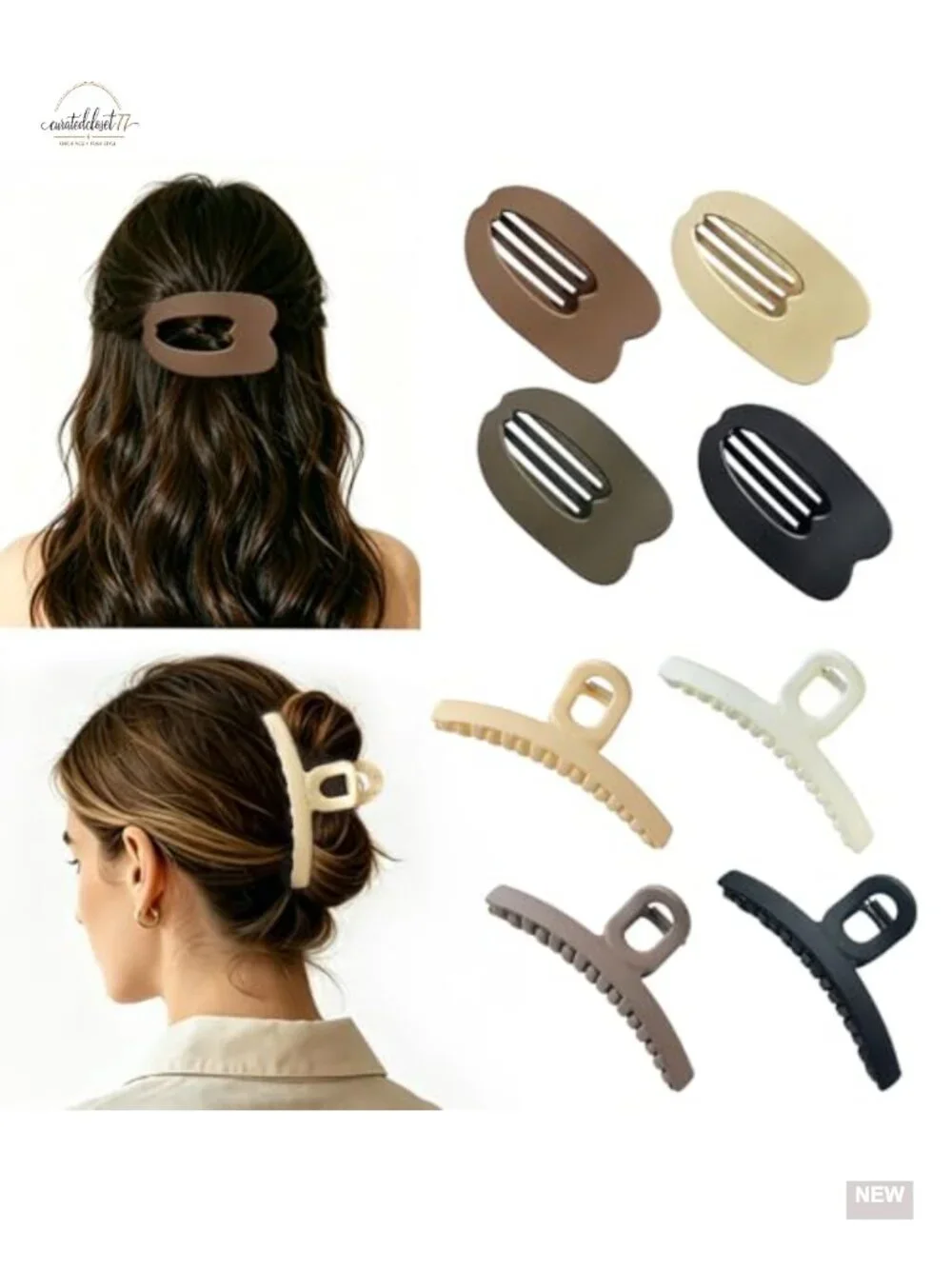 8 Piece Hair Clips Set - 4 Arc Claw Clips & 4 Flat Clips, Non-Slip Hold, Matte